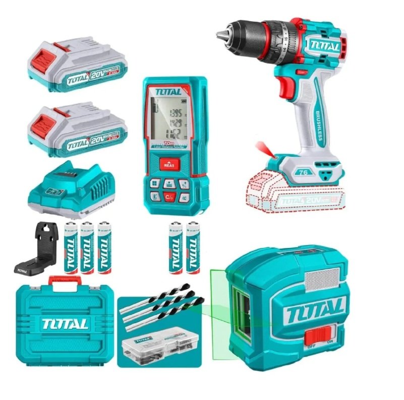 KIT TALADRO PERCUTOR + NIVEL + MEDIDOR LASER TOTAL C/MALETIN